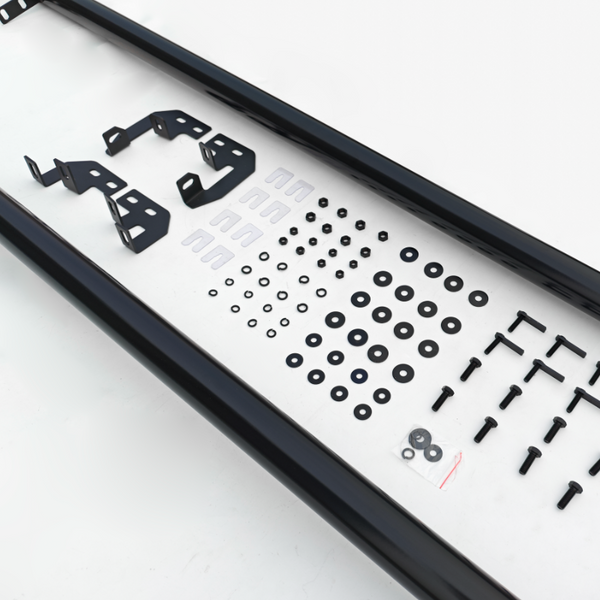 Assorted black metal brackets, screws, and washers are neatly arranged on a white surface, with two long black rails framing the top and bottom.