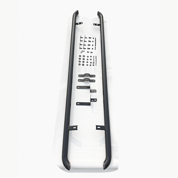 Two black metal bars are aligned parallel, surrounded by various small hardware components for assembly on a white surface.