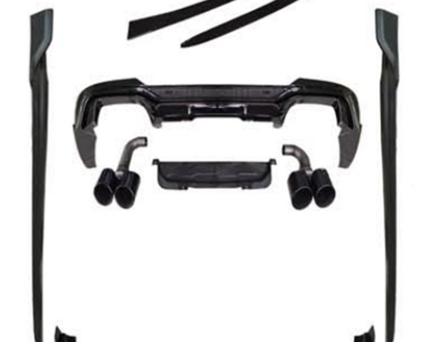Various black car body kit components, such as spoilers and exhaust tips, are arranged neatly on a white background, showcasing automotive parts for potential assembly or installation.