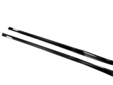 Two sleek, black carbon fiber side skirts lie parallel on a white background, showcasing a streamlined design with smooth, reflective surfaces and tapering ends.