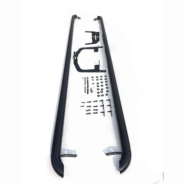 Two long, curved metal bars with mounting brackets and assorted hardware arranged on a white surface, appearing to be components of a vehicle accessory kit.