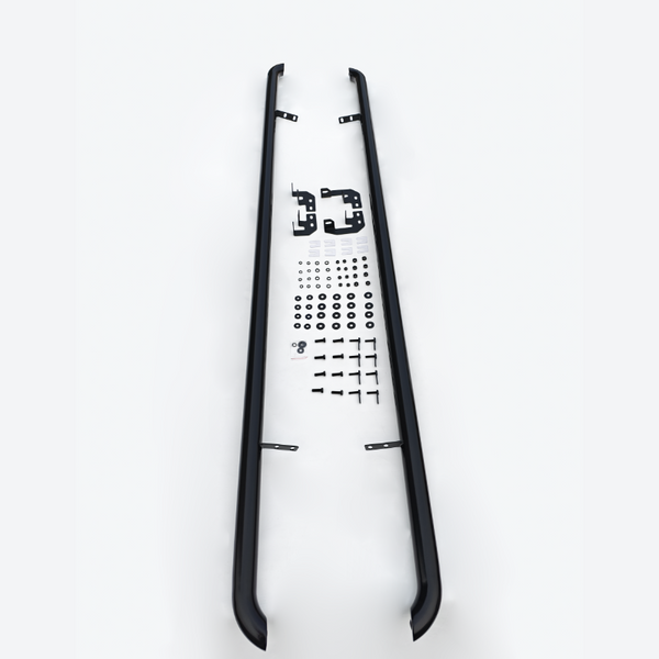 Two black sidebar rails lie parallel on a white background, accompanied by assorted bolts, brackets, and washers arranged in between, ready for vehicle installation.