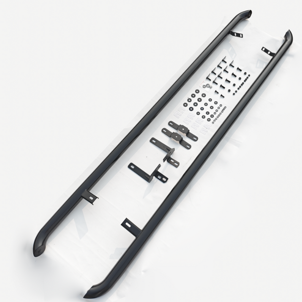 Two black metal running boards lay parallel, surrounded by various brackets, screws, and washers, arranged systematically on a white surface for assembly or installation.
