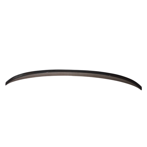 A long, slim carbon fiber strip curves gently, creating an aerodynamic shape against a plain white background.