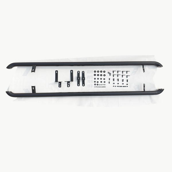 Black metal railings and various mounting components are organized on a white surface, designed as a kit for assembly in an automotive context, such as side steps for a vehicle.