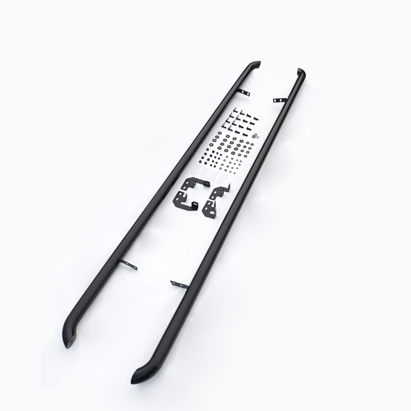 A disassembled roof rack with black side rails and numerous small components, including screws and brackets, laid out on a plain white background.