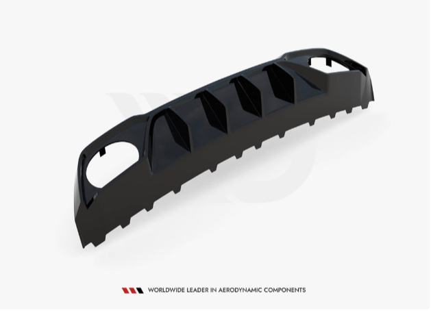 A black car diffuser rests on a white background, displaying aerodynamic fins and cutouts for exhausts. Below, text reads: "WORLDWIDE LEADER IN AERODYNAMIC COMPONENTS."