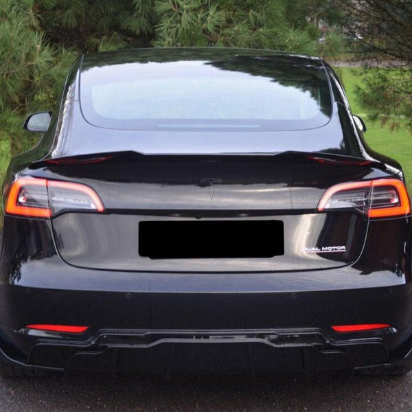 A black car with tinted windows is parked on a road. It has a "Dual Motor" badge on the back, surrounded by greenery and trees.