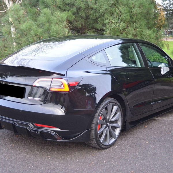 A black sedan with tinted windows and distinctive rear lights is parked on a paved surface. Large trees and a grassy area form the backdrop. Text reads "Dual Motor."