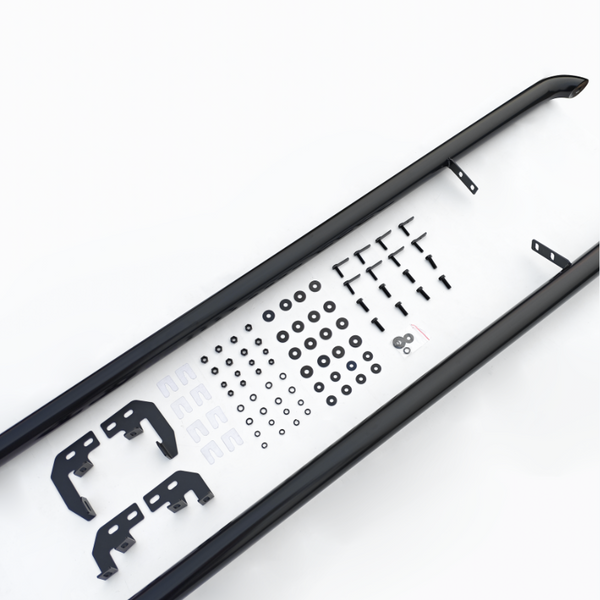 Various black metal components and fasteners are arranged on a white surface, including brackets, screws, washers, and clips, with two long black metal rails framing the setup.