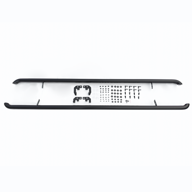 A disassembled skateboard deck with two black rails, various screws, and brackets neatly arranged on a white background.