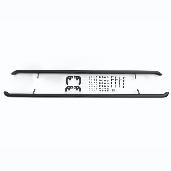 A disassembled skateboard deck with two black rails, various screws, and brackets neatly arranged on a white background.