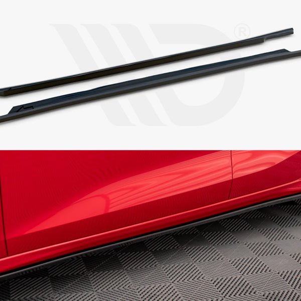 Two black side skirts are shown separately and then attached to a red car, positioned on a checkered garage floor, enhancing the vehicle's lower body appearance.