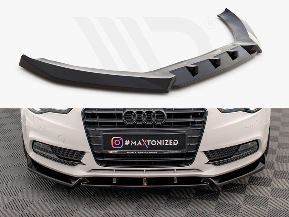 A glossy black car front splitter shown above a white car's bumper with an installed splitter. Text includes "#M5061," "Instagram icon #MAXTONIZED," and "SPLITTERS ● DIFFUSERS ● AERODYNAMIC."