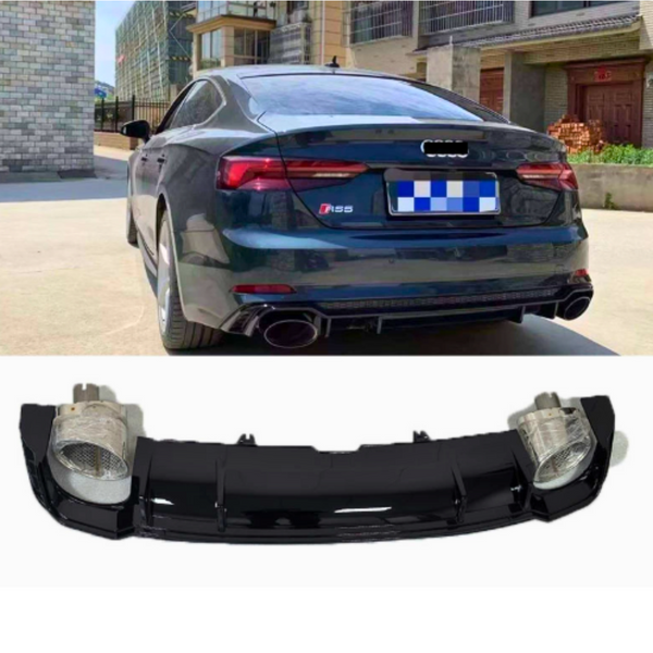 A black car with visible Audi logo and "S5" badge is parked outside next to a building. Below, a black car bumper with round metal exhaust ports is displayed.