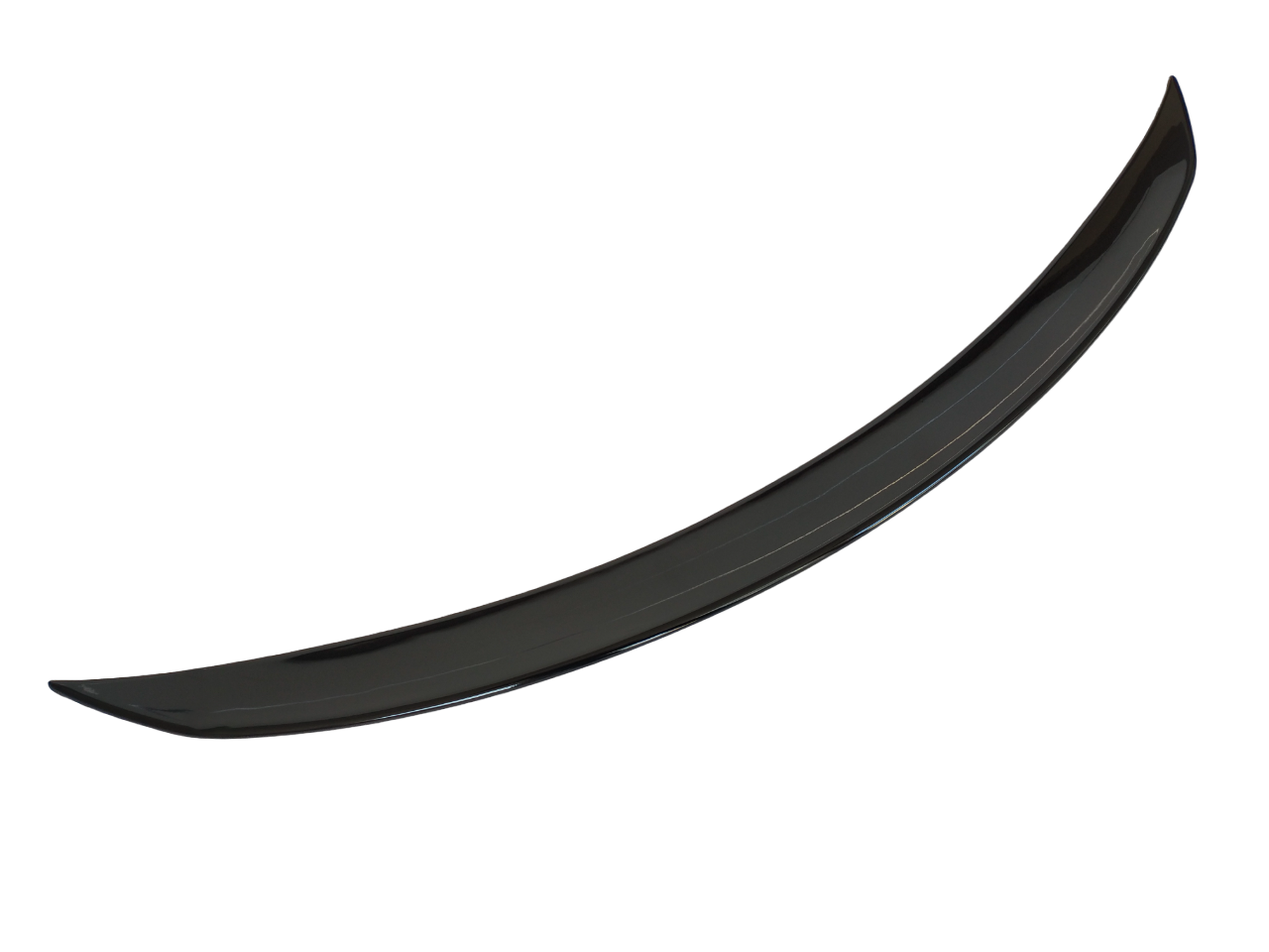 A curved, glossy black car spoiler is isolated on a white background, showcasing its aerodynamic design.
