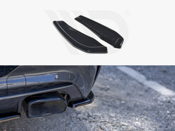 Two black car bumper diffusers lie on a white surface. Below, a close-up shows a diffuser attached to a vehicle's rear bumper, parked on asphalt.