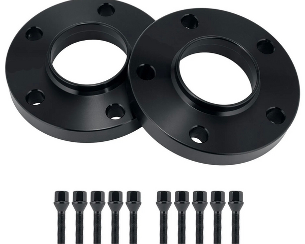 Two black metal wheel spacers with multiple holes sit side by side. Below, ten matching bolts are lined up against a plain white background.