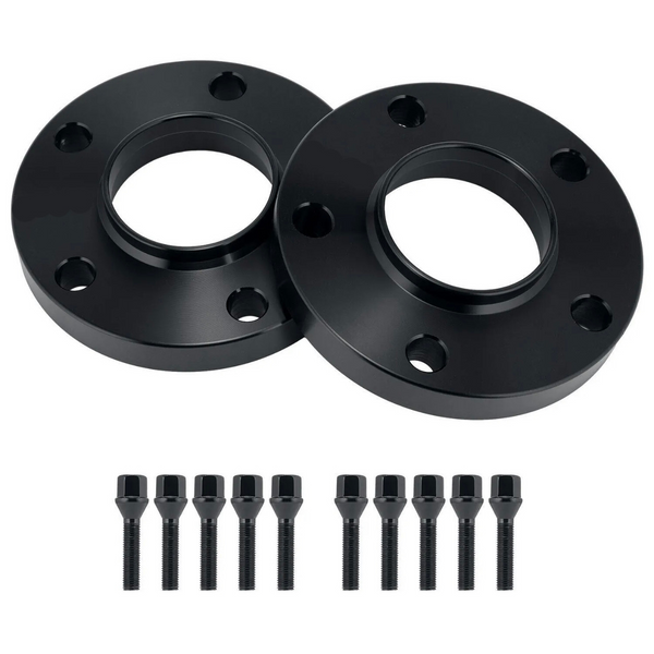 Two black metal wheel spacers with multiple holes sit side by side. Below, ten matching bolts are lined up against a plain white background.