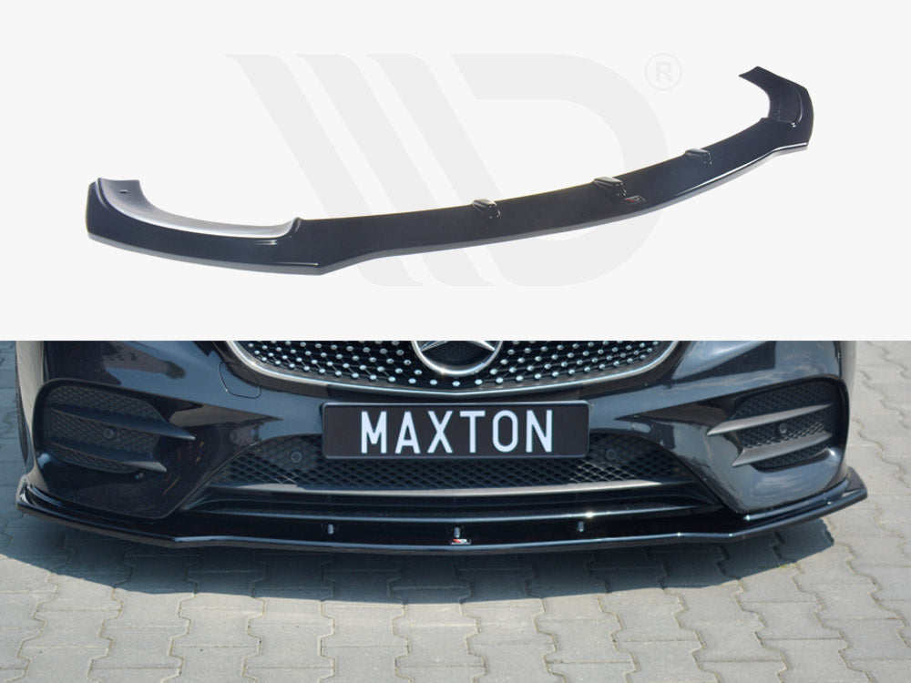 A black car front splitter is shown separately and attached to a sleek black car's bumper. The license plate reads "MAXTON," against a paved brick background.