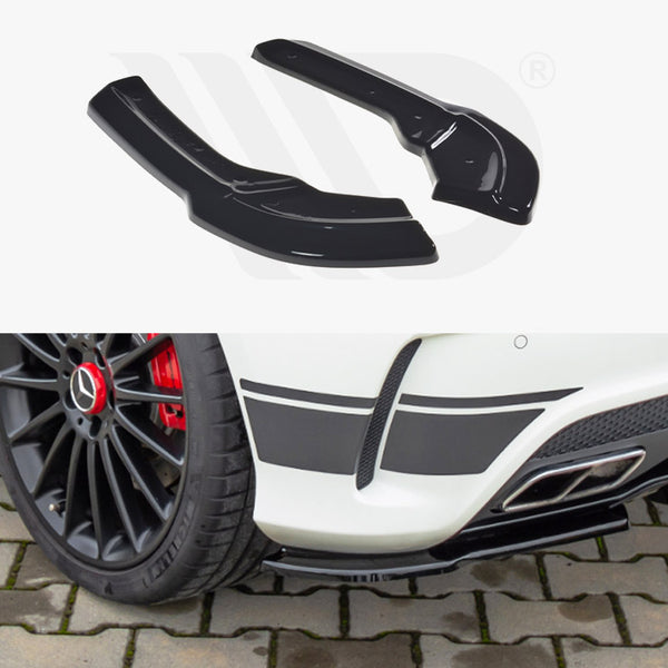 Car accessories, including two black side-skirt extensions, are displayed. They are positioned above an image of a white car with a sleek black-and-red wheel and dual exhausts, parked on a stone pavement.