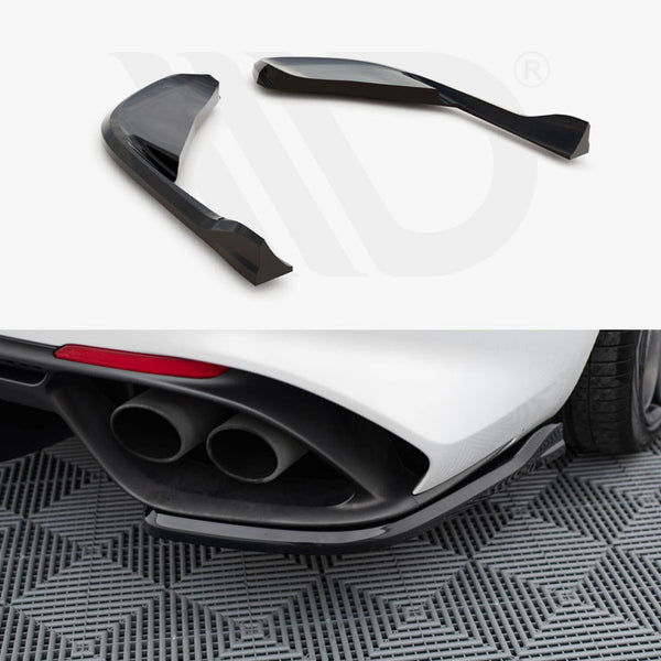 Car diffuser fins are displayed separately above, and installed on a white car's rear bumper near dual exhaust pipes, over a textured garage floor. A subtle logo appears in the background.