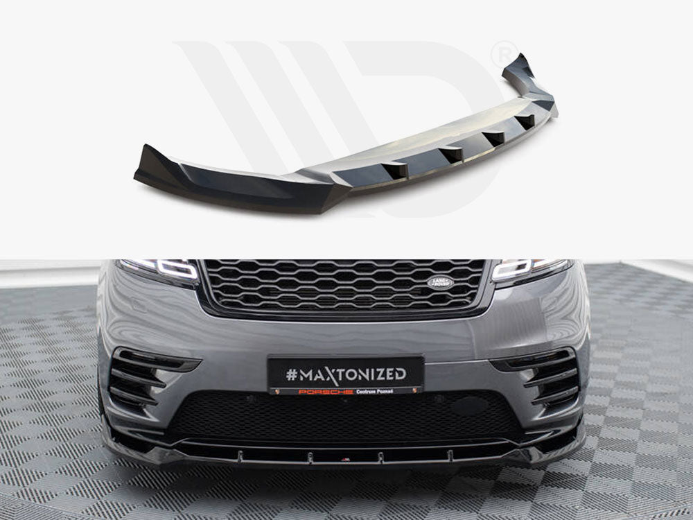 A black car front splitter, detailed and aerodynamic, is shown separately above a grey Range Rover, parked on a checkered floor. Text on the license plate reads "#MAXTONIZED."