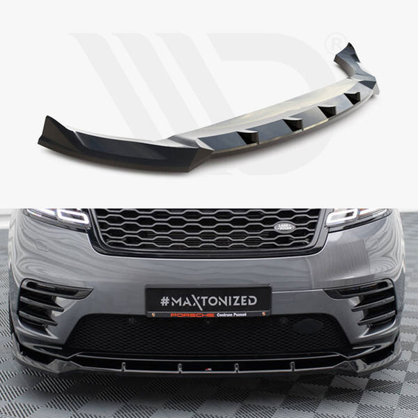 A black car front splitter, detailed and aerodynamic, is shown separately above a grey Range Rover, parked on a checkered floor. Text on the license plate reads "#MAXTONIZED."