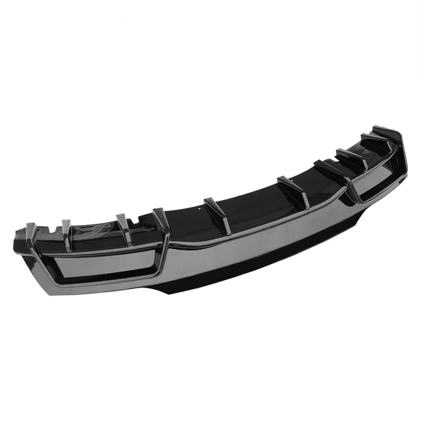 A black car diffuser features ribbed fins for aerodynamic enhancement, designed for attachment to a vehicle's rear bumper, isolated against a white background.