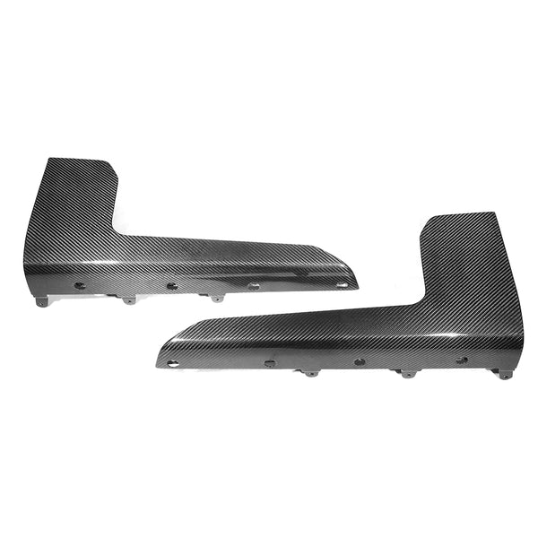 Two carbon fiber covers placed side by side, showcasing sleek black and gray diagonal patterns, with multiple round holes for attachment, set against a plain white background.