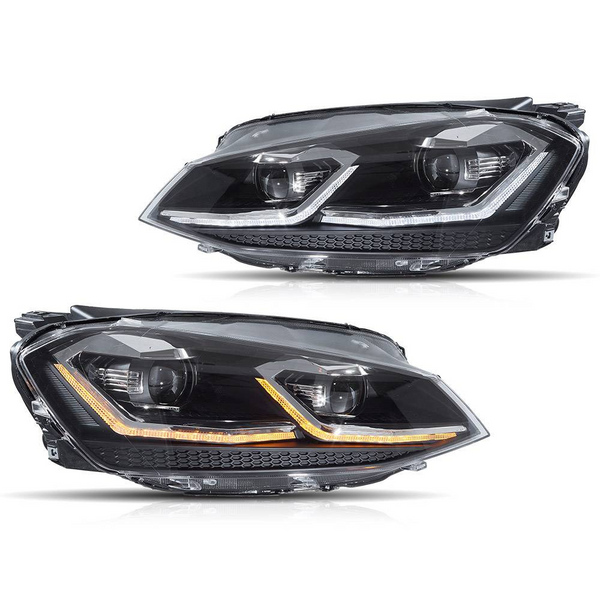 Two sleek car headlights are shown with LED accents; one displays white and the other orange lights. They are placed against a plain white background.