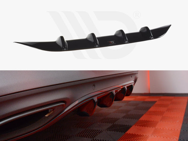 A black rear diffuser with aerodynamic fins is shown in two views: the top isolated, displaying its shape, and the bottom attached to a car on a checkered floor.
