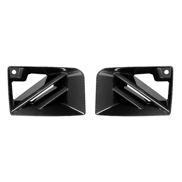 Two carbon fiber car air vents, designed with angled slats, are positioned against a white background, showcasing their sleek, aerodynamic shape and modern design.