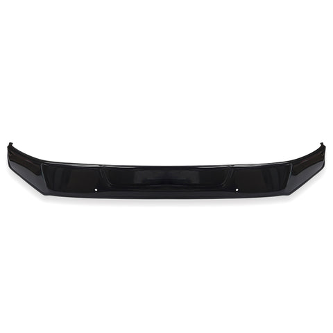 A black car bumper, curved with a smooth surface, is displayed against a plain white background, highlighting its sleek design.