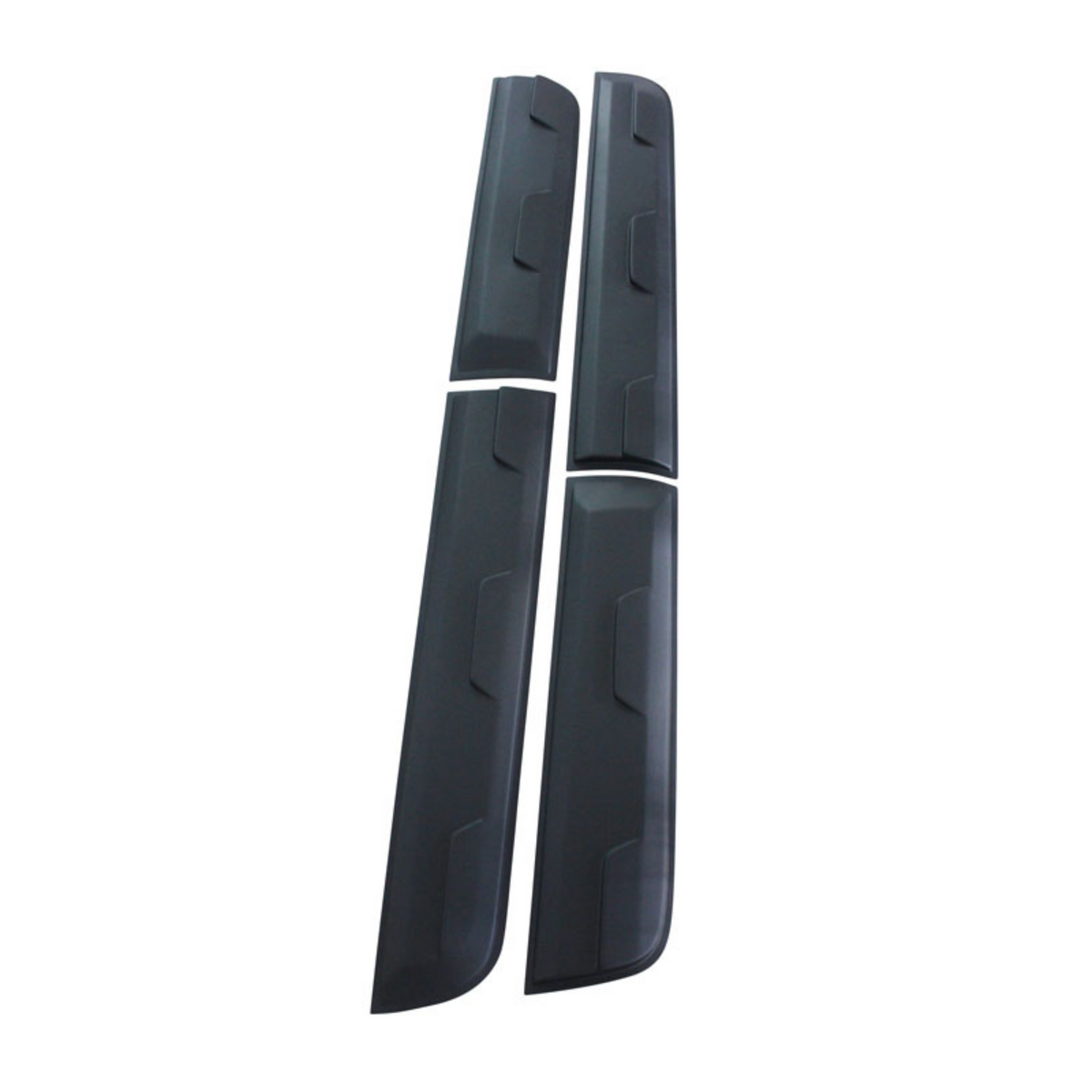 Four black, elongated car door guards lie flat and aligned in pairs, displaying slight curvature and molded indents; placed on a plain white background.