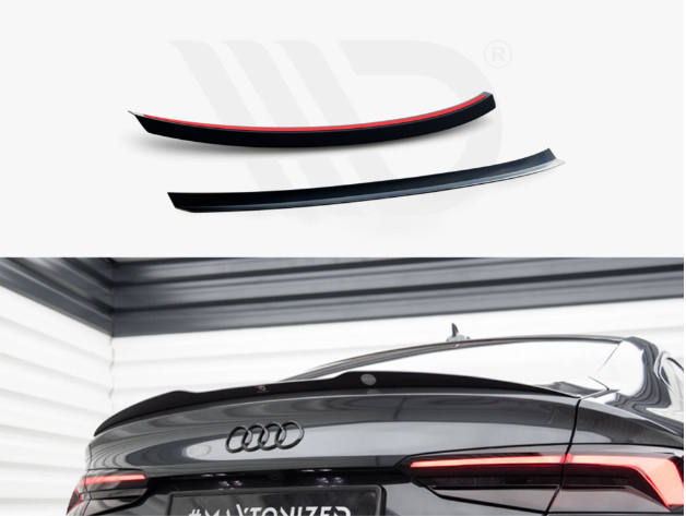 Two black spoiler extensions are displayed above a rear view of a black car, featuring a subtle spoiler. The car is parked indoors. Text: "#MAYTONIZED".
