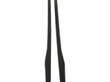 Two black, elongated wooden pieces are standing vertically side by side against a plain white background. They are symmetrical and have tapered ends.