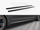 Two black side skirts are displayed. One image shows them separately on a white background, and the other shows their installation along the lower edge of a car in a garage.