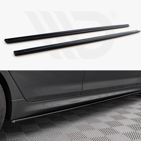 Two black side skirts are displayed. One image shows them separately on a white background, and the other shows their installation along the lower edge of a car in a garage.