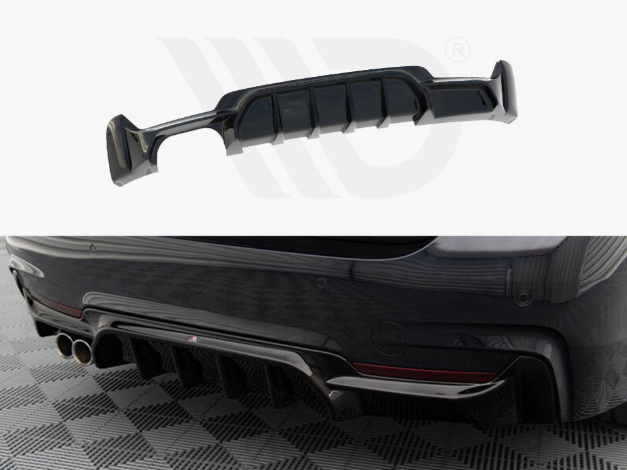A black car diffuser with vertical fins, designed to enhance aerodynamics, is displayed against a patterned floor. It highlights the diffuser's function and fit on a vehicle's rear bumper.
