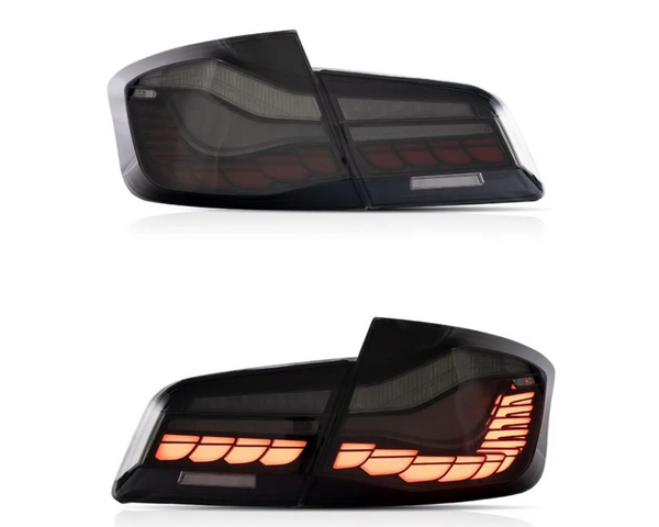 Two car taillights are shown; the top one is unlit, and the bottom one is illuminated with sequential lighting, both on a white background.