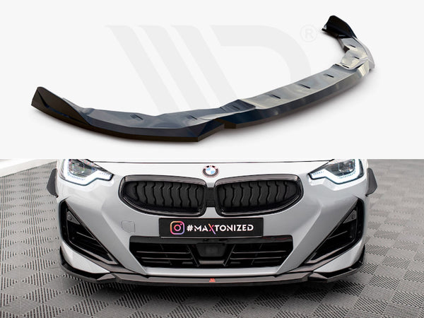 A black car front splitter sits positioned for attachment. Below, a gray BMW car features an installed splitter on a checkered floor. The text reads "#MAXTONIZED."