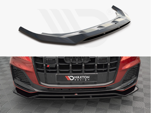 A black, aerodynamic car front splitter is displayed separately above and installed on a red Audi vehicle, parked on a checkered floor. Text reads: "MAXTON design."