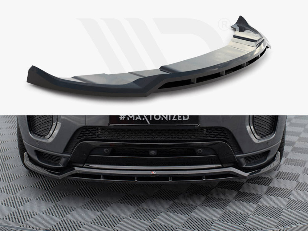 A black car front splitter is displayed above a gray car's front bumper in a showroom with a checkered floor. Text "#MAXTONIZED" appears on the car's front plate.