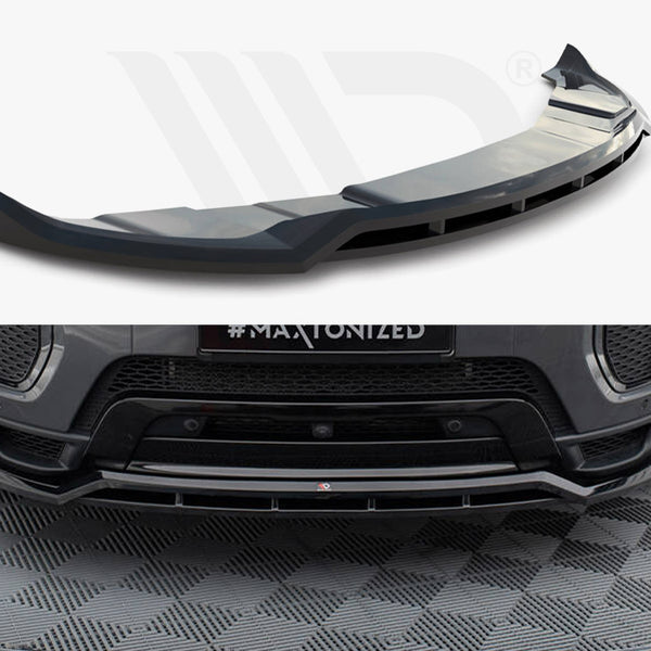 A black car front splitter is displayed above a gray car's front bumper in a showroom with a checkered floor. Text "#MAXTONIZED" appears on the car's front plate.