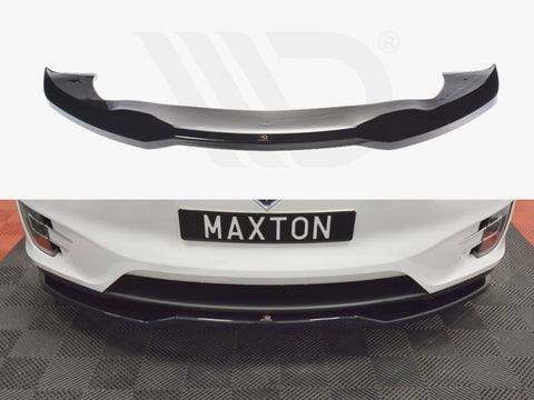 A black car bumper lip is displayed separately above and attached to a white car with a license plate reading "MAXTON" on a checkered floor.