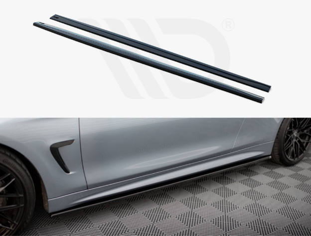 Two long, black side skirts are displayed above an image of a gray car with one attached along the side, parked on a patterned garage floor.