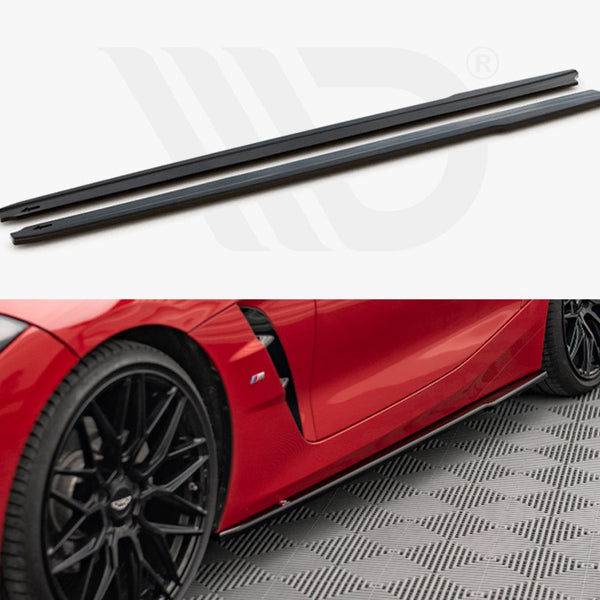 Two black side skirts are displayed in the upper half, while the lower half shows a sleek, red sports car with the skirts installed, on a checkered floor surface.
