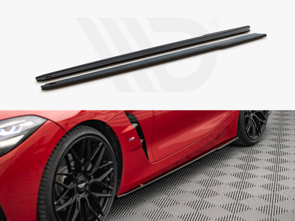 Two black side skirts are displayed in the upper half, while the lower half shows a sleek, red sports car with the skirts installed, on a checkered floor surface.