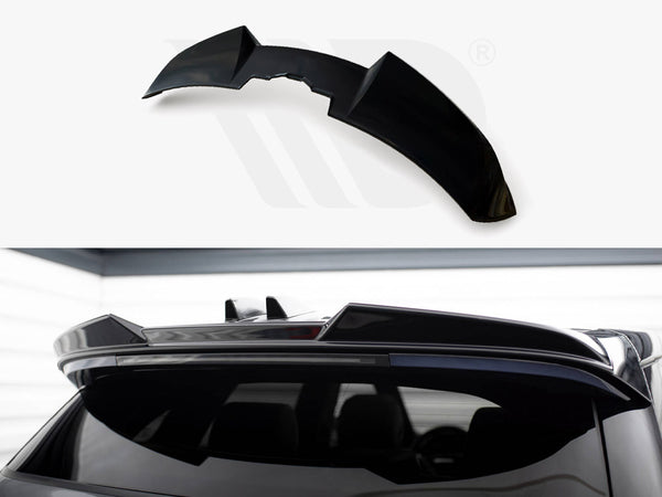 A black car spoiler is shown detached above and installed on a vehicle's roof. The sleek design complements the car's rear window in a garage-like setting.
